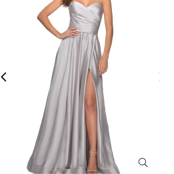La Femme Dresses & Skirts - La Femme Pleated Bodice Strapless Silver Satin High Slit Gown Dress size 12